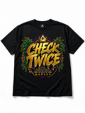 Warsop Check Twice limited edition dancehall t-shirt with gold dripping text, crown and palm trees