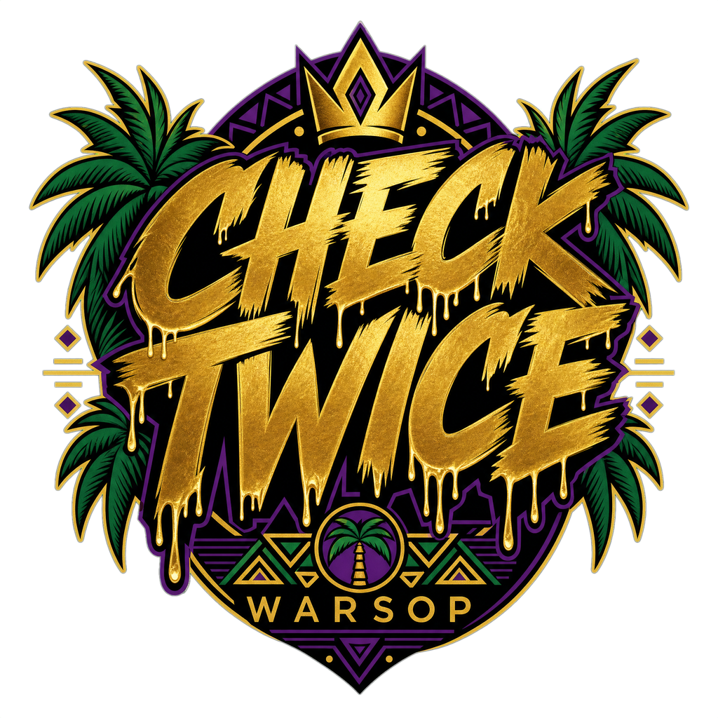 Warsop Check Twice tee in purple, green and gold Caribbean colorway, alternate view