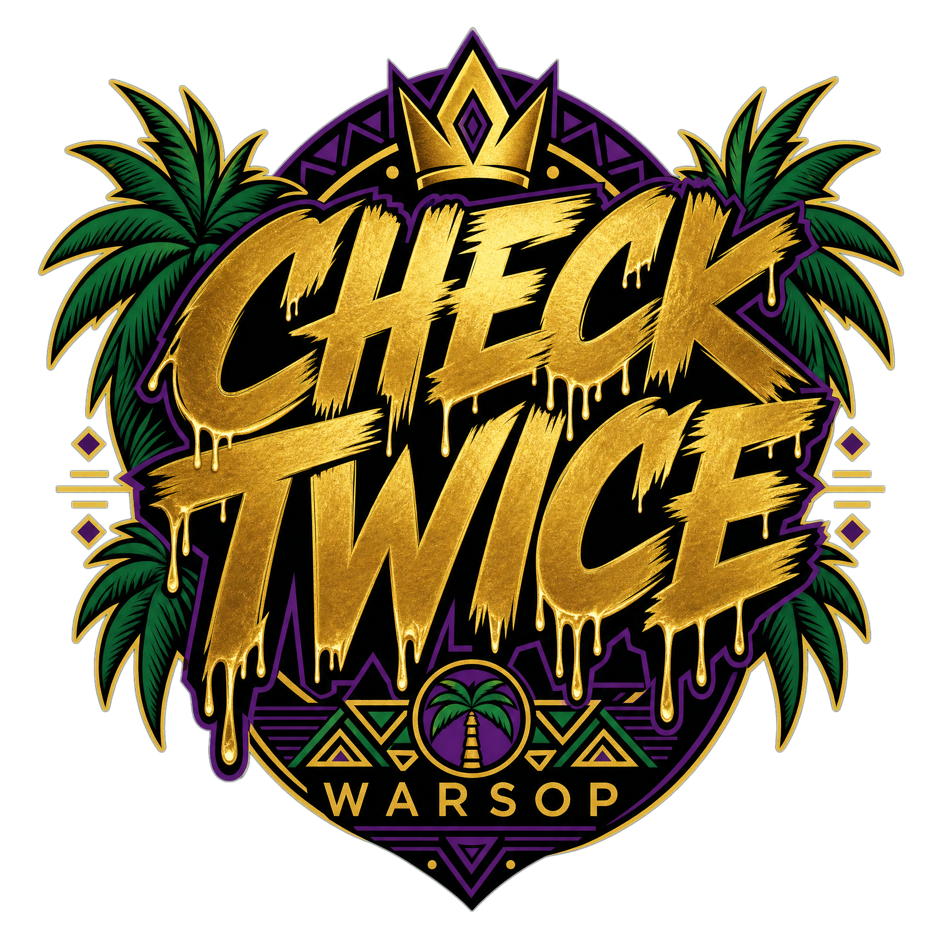 Warsop Check Twice tee in purple, green and gold Caribbean colorway, alternate view