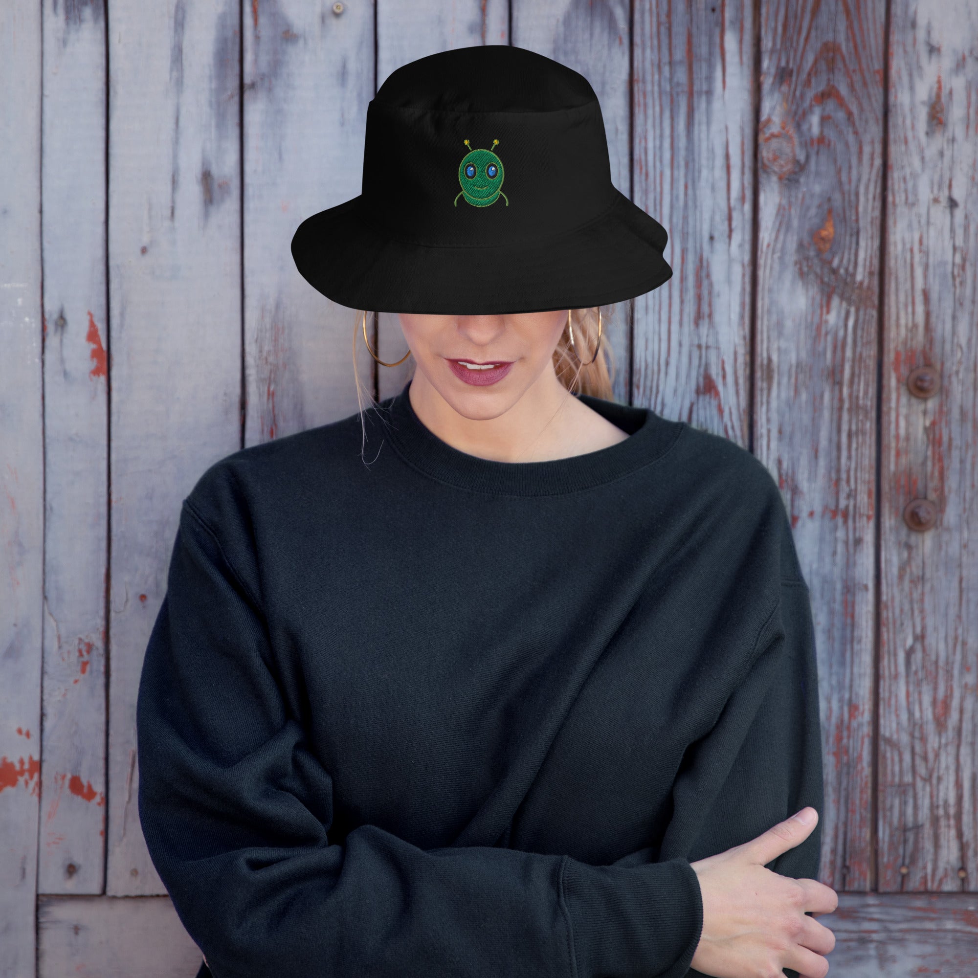 AURA HEAVY black bucket hat with interior sweatband, front product photo