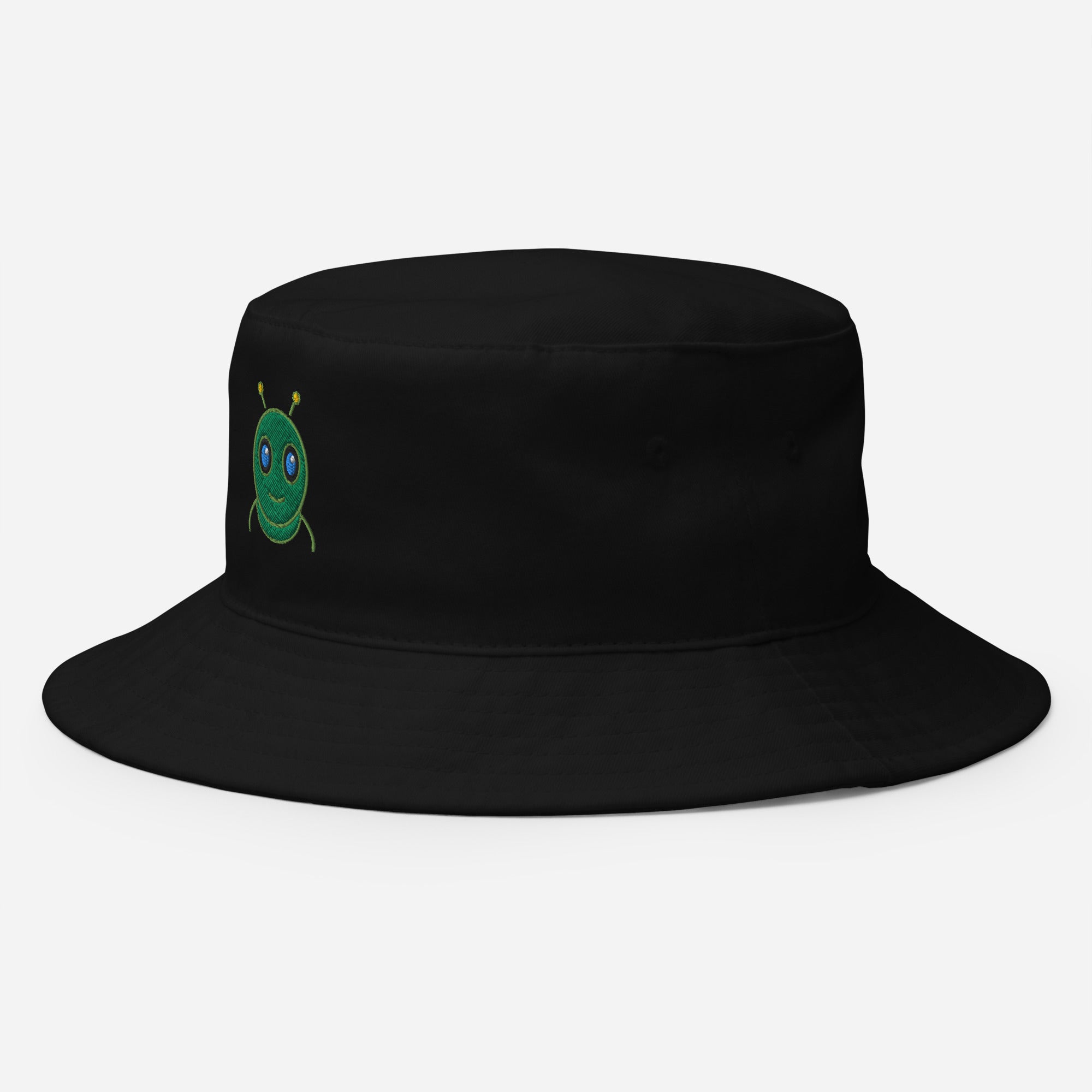 Black AURA HEAVY bucket hat with sloped brim, angled side view