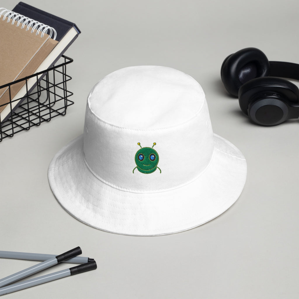 White AURA HEAVY Classic Bucket Hat with downward-sloping brim, front view