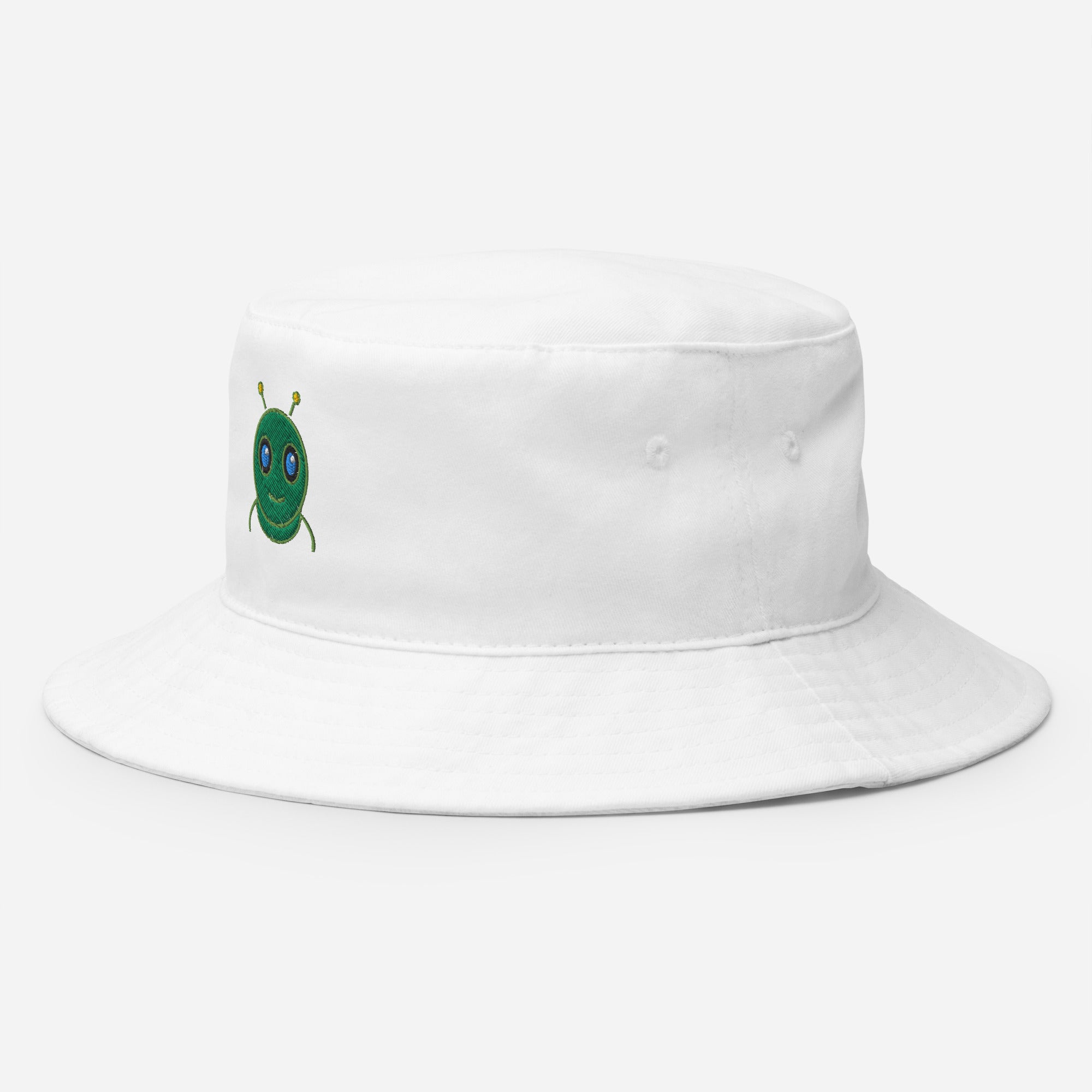 White AURA HEAVY bucket hat with sloped brim, angled side view